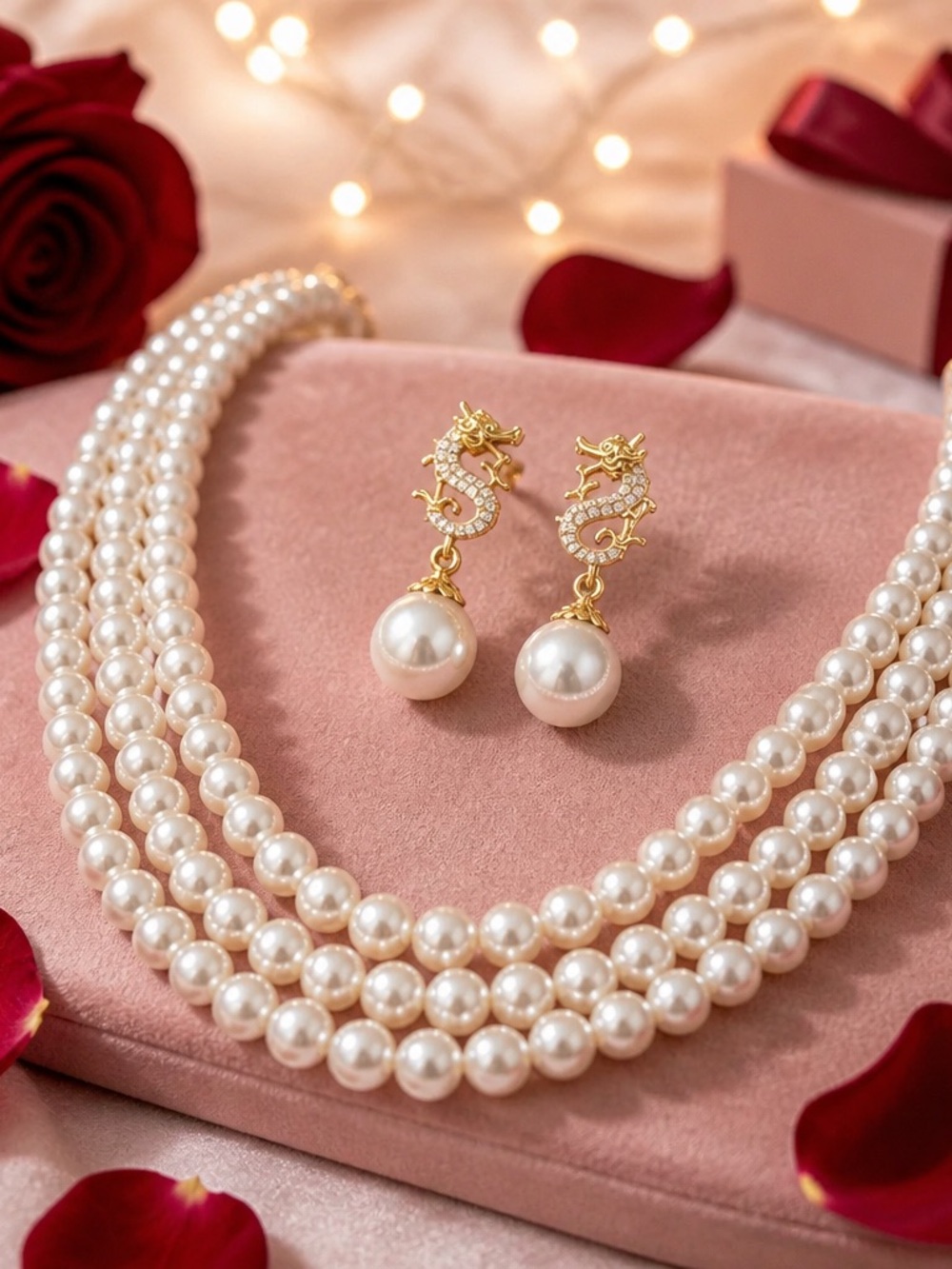 Classic VINTAGE White Pearl Triple-Strand Necklace with Dragon Drop Earrings